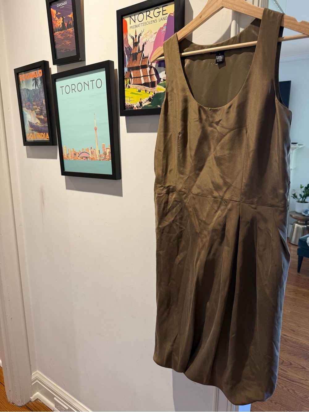 Club Monaco Olive Sleeveless Scoop Neck Dress, with pleating detail, 100% silk